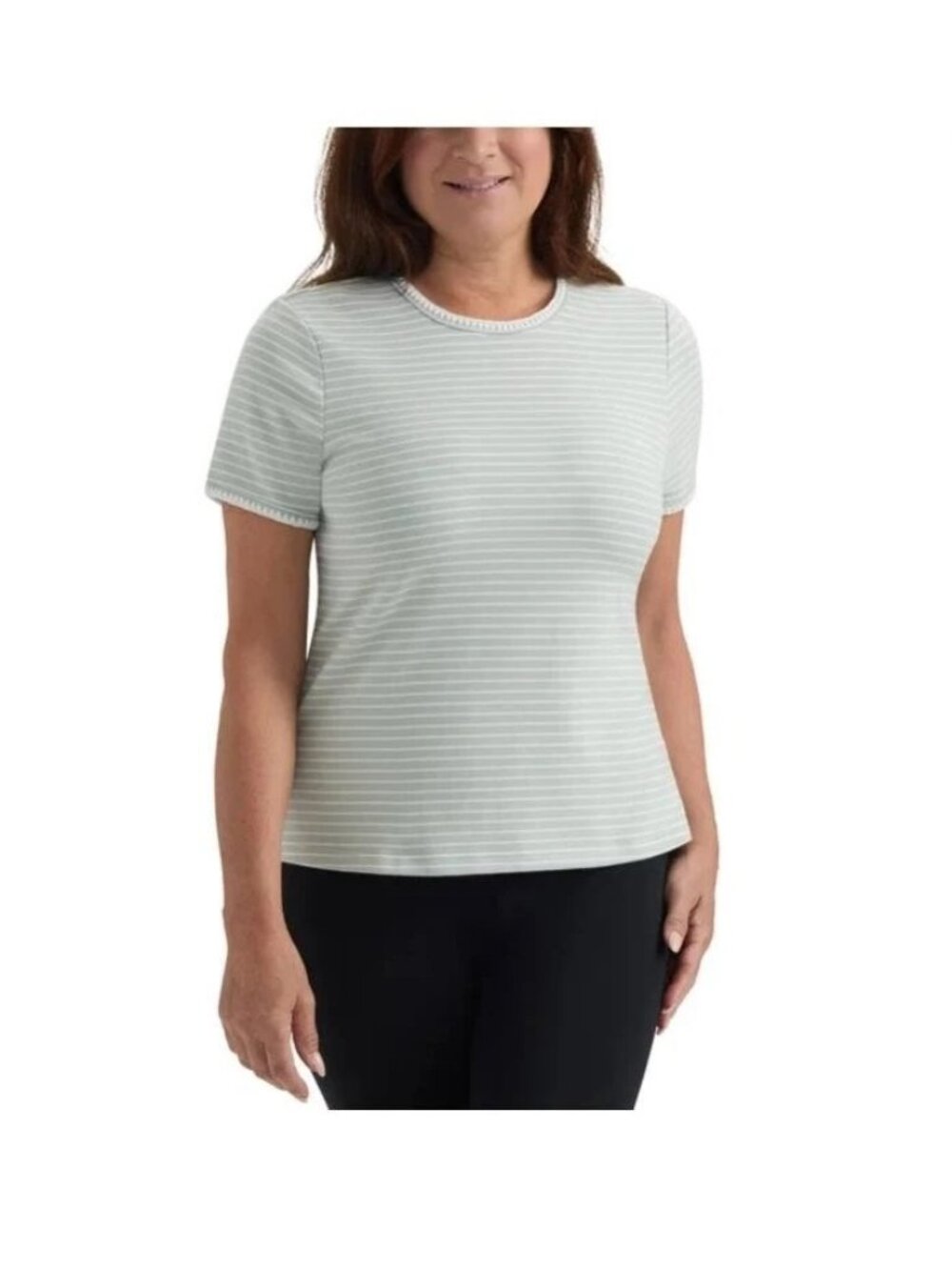 Teddi Rose Womens Striped Green T-Shirt Short Sleeves Crew Neck Size S